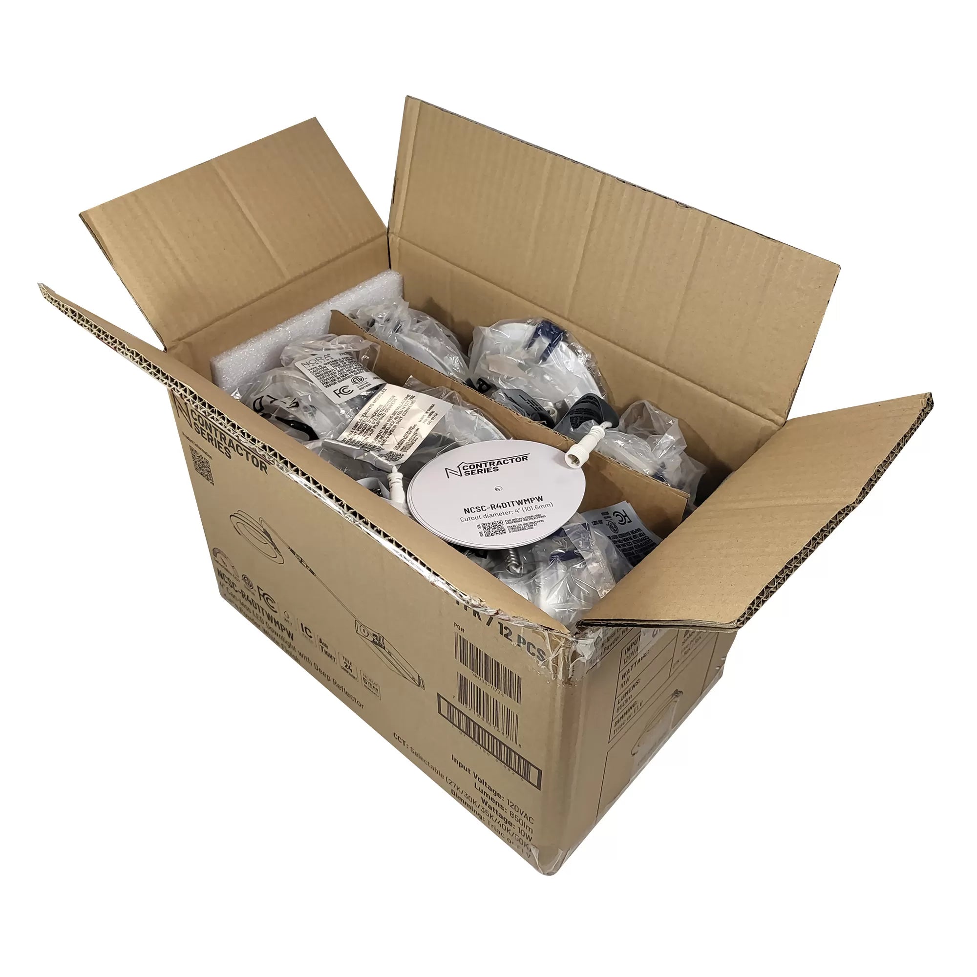 Nora Lighting NCSC-R4D1TWMPW 4 Contractor Series Can-less LED Downlight with Deep Reflector, Selectable CCT, Matte Powder White (12-Pack)